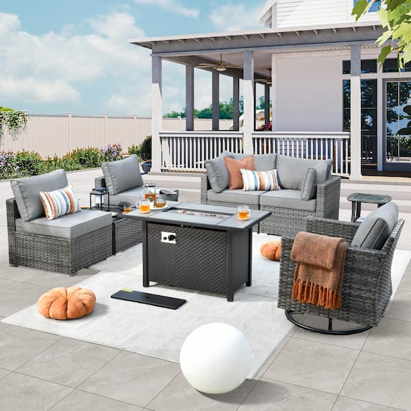 weaxty W Daffodil H Gray 8-Piece Wicker Patio Fire Pit Conversation Sofa Set with a Swivel Rocking Chair and Dark Gray Cushions