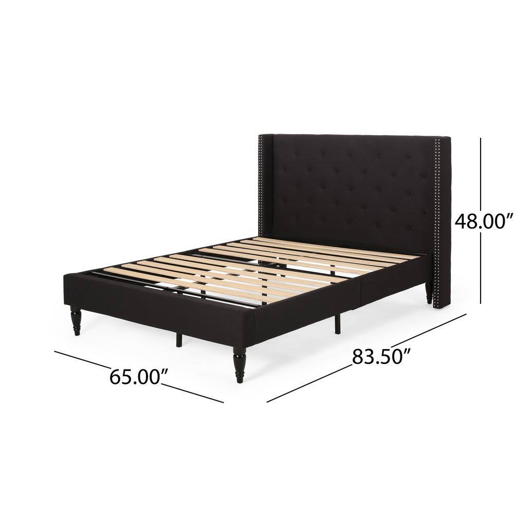 Queen Black Upholstered Wood Platform Bed with Tufted Headboard