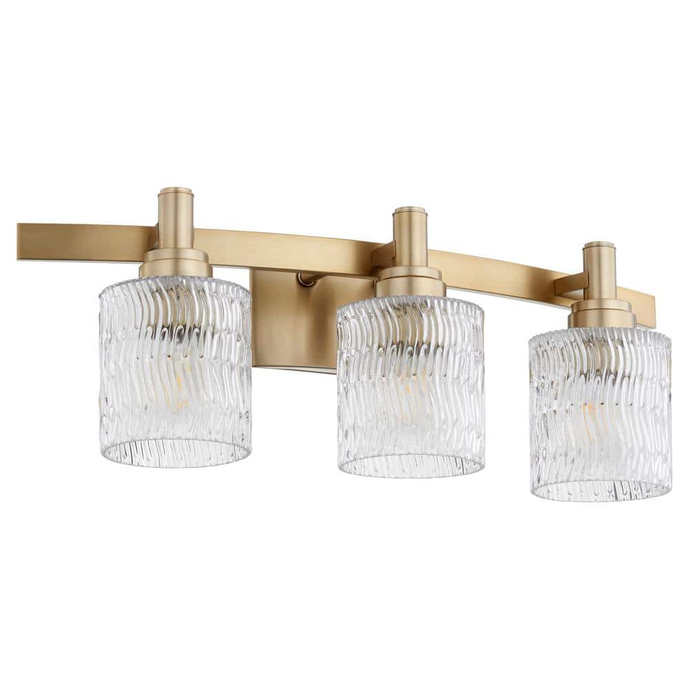 Aged Brass 3-Light Vanity with Clear Glass Shades