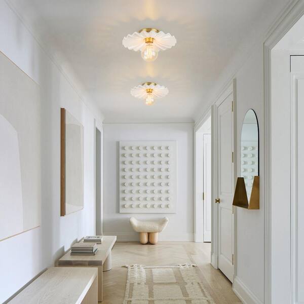 HUOKU Lotus 11.8 in. 1-Light Aged Brass Semi- Flush Mount