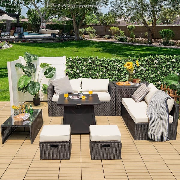 9-Piece Wicker Furniture Patio Conversation Set Fire Pit SpaceSaving with Cover Off White Cushion Cover