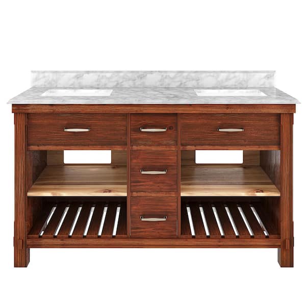 VANITYFUS Solid Wood 60 in. W x 22 in. D x 35.4 in. H Double Sinks Bath Vanity in Brown with Carrara White Natural Marble Top