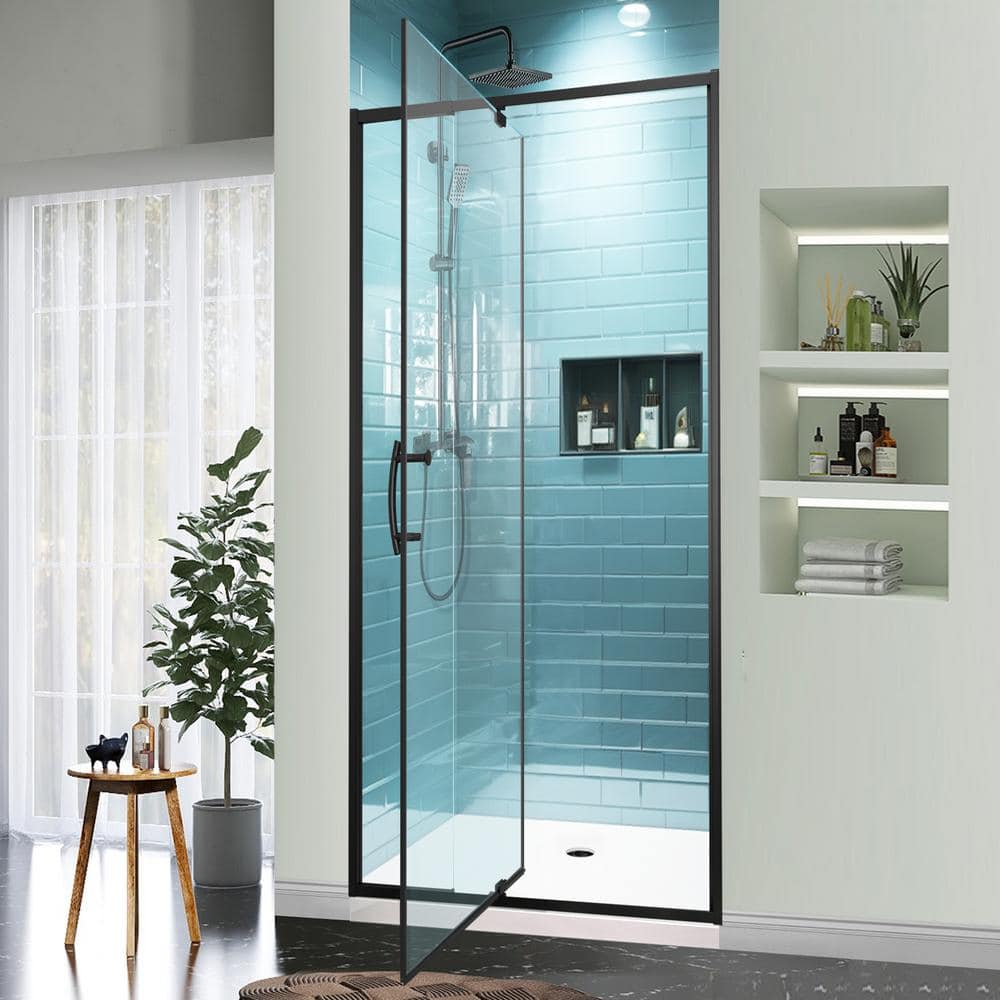 32 in. Matte Black Semi-Frameless Pivot Shower Door with Clear Glass