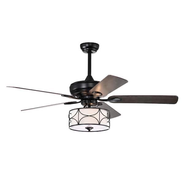 HKMGT Modern 52 in. Indoor Black Ceiling Fan with White Drum Lampshade, 2-Color-Option Blades and Remote Included
