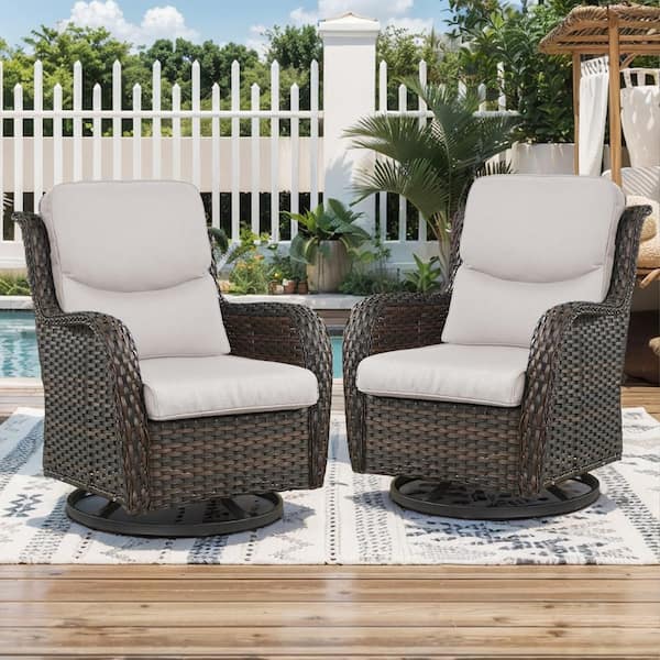 Crescent Brown Wicker Outdoor Rocking Chair Patio Swivel Chairs with CushionGuard Beige Cushions (2-Pack)