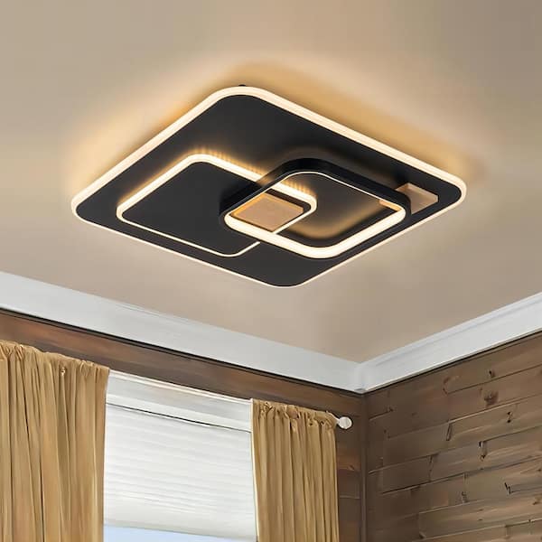 RRTYO Fairley 19.2 in. Modern Farmhouse Black Wood Square Ceiling Light Dimmable Integrated LED 3000K Flush Mount for Bedroom