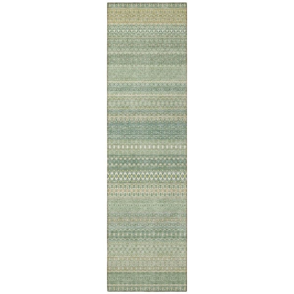 Artichoke Green 2 ft. x 8 ft. Woven Striped Polyester Runner Indoor / Outdoor Area Rug