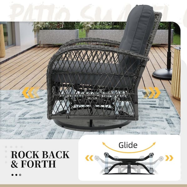 3-Piece Wicker Patio Outdoor Rocking Chair Swivel Chair with Coffee Side Table and Dark Gray Cushions