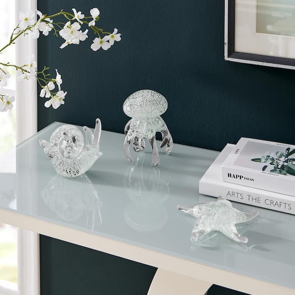 DANYA B Lorelei Clear Glow-in-the-Dark 4.4 in. x 6 in. Decorative Glass Sculpture Figures Set of 3-Starfish, Snail, Jellyfish