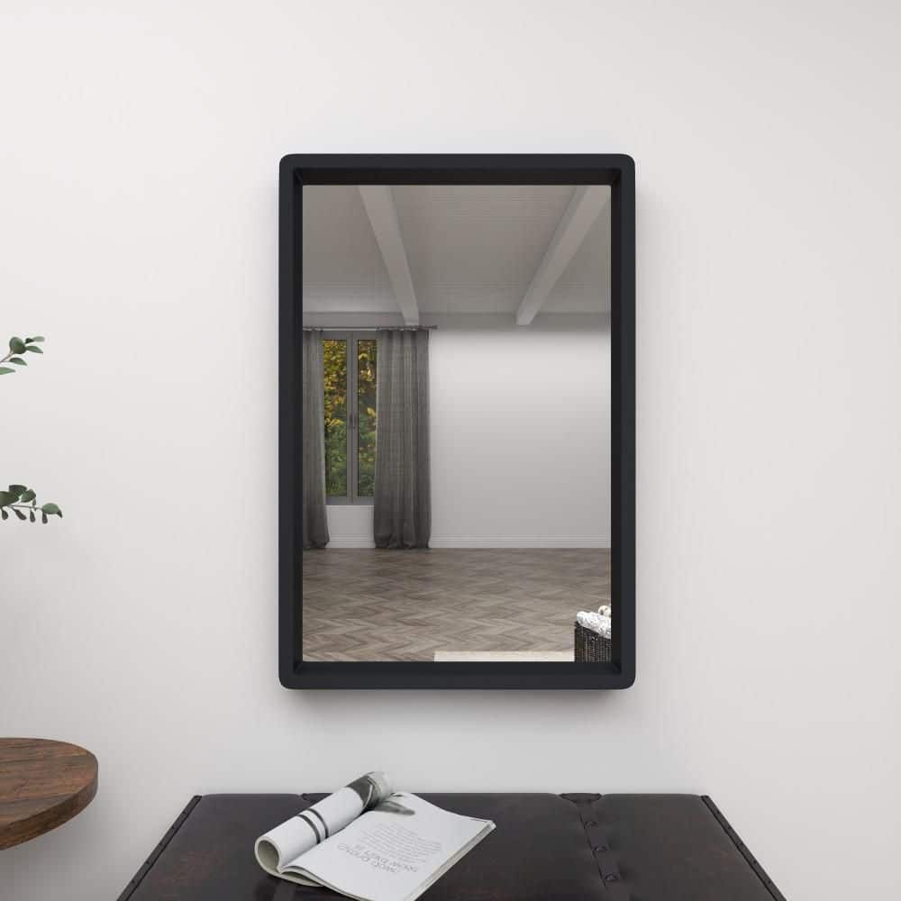 Elegant Matte Black Solid Wood Rectangular Wall Mirror 24" x 36"