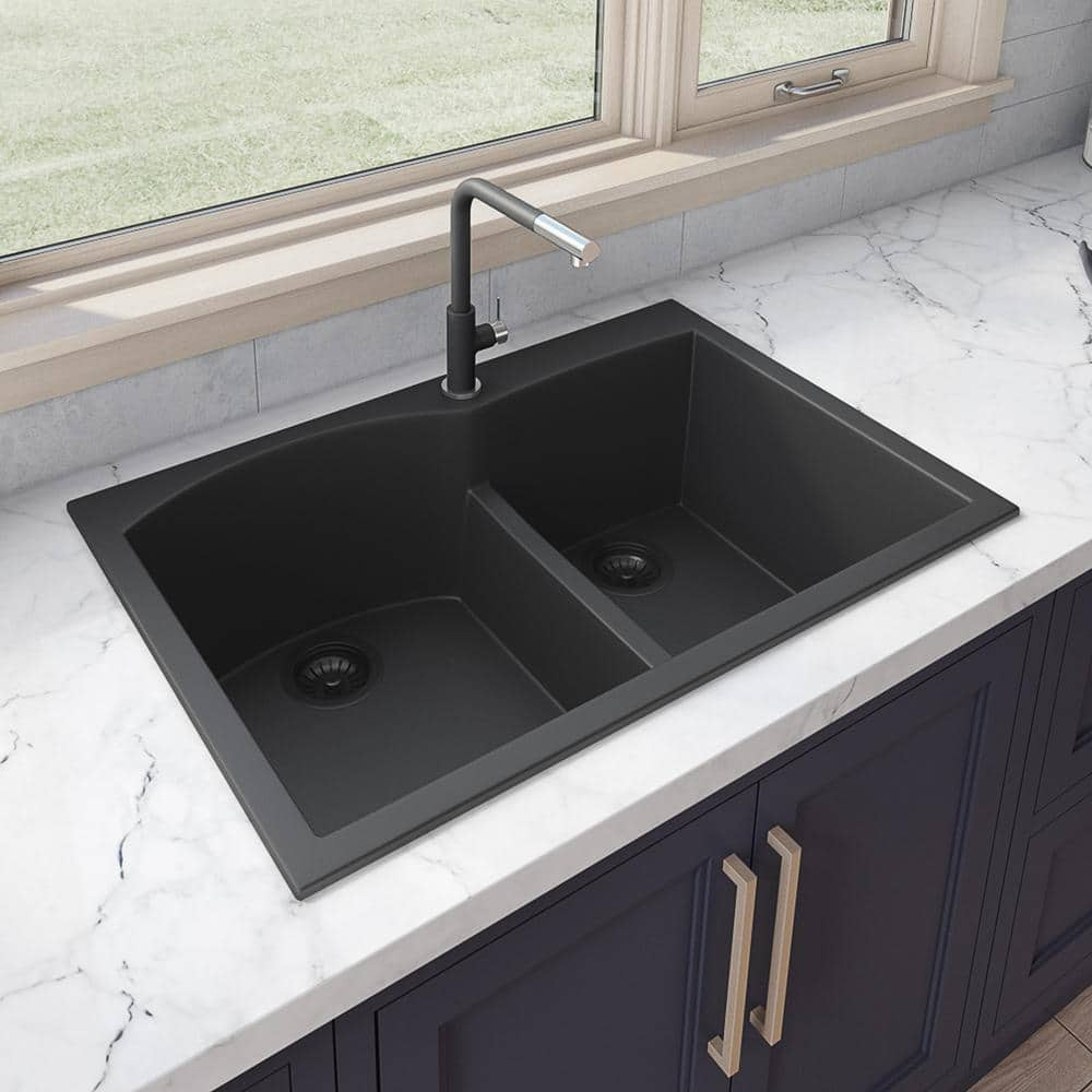 45 Black Quartz Kitchen Sink Double Bowl Drop-In Sink with Drain Board