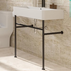 5.3 in. Ceramic Console Sink Basin in White and Black Legs Combo with Overflow