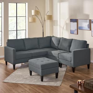 6-Piece Dark Gray Polyester 4-Seater L-Shaped Sectional Sofa with Ottoman