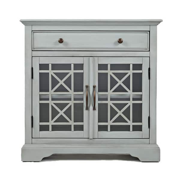 Benjara Craftmen Series Earl Gray 32 in. Wooden Accent Cabinet with Fretwork Glass Front