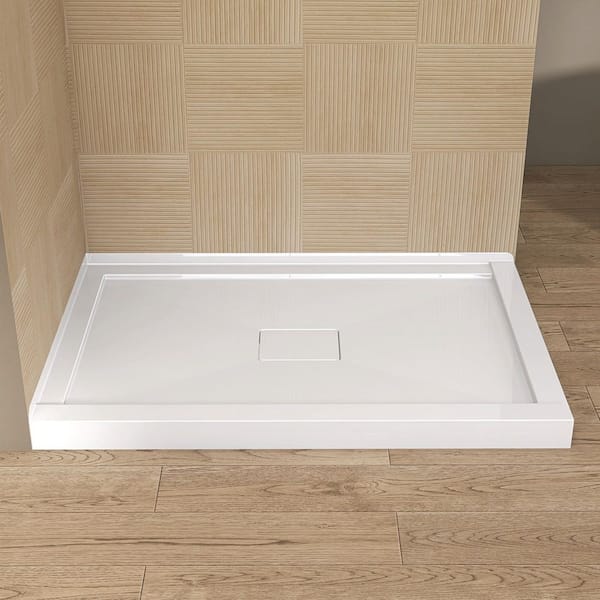 48 in. L x 32 in. W Acrylic Double Threshold Corner Shower Pan Base Rectangular Shower Tray with Center Drain in White