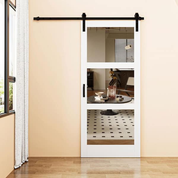 36 in. x 84 in. 3-Lite Mirrored Glass White Finished Solid Core MDF Barn Door Slab with Barn Door Hardware Kit