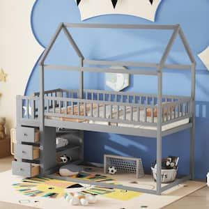 Gray Twin Size Bunk Bed with Drawers and Shelves