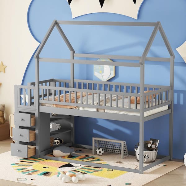 Qualler Gray Twin Size Bunk Bed with Drawers and Shelves