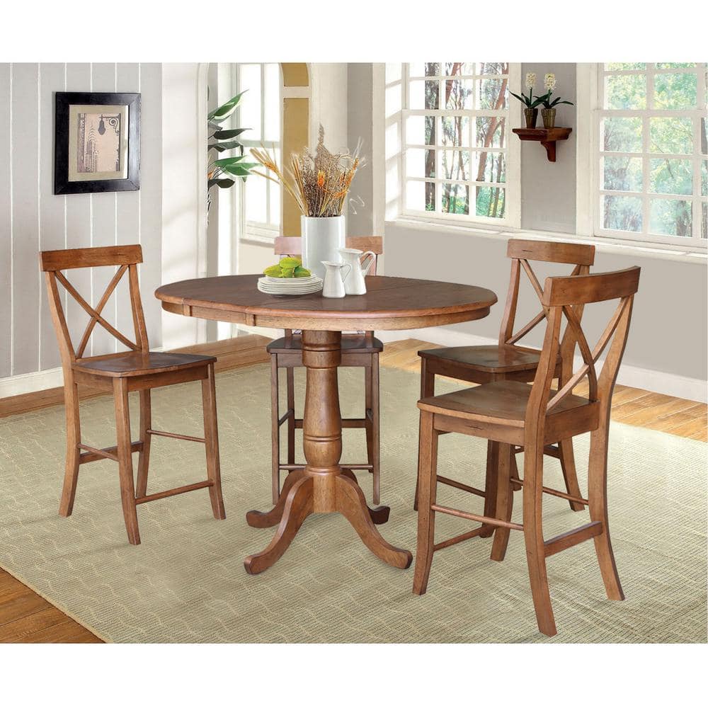 Distressed Oak Solid Wood 50" Round Extension Dining Table Set with 4 Chairs