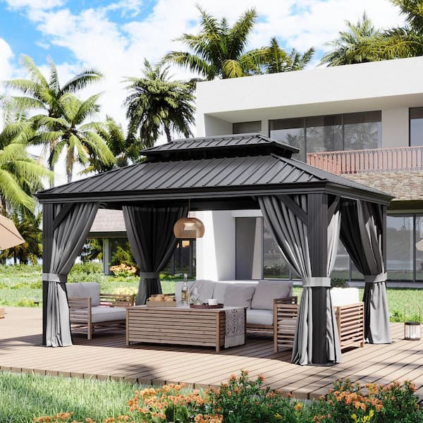 14 ft. x 10 ft. Outdoor Hardtop Gazebo with Galvanized Steel Double Roof, Aluminum Frame, Curtains and Netting for Patio