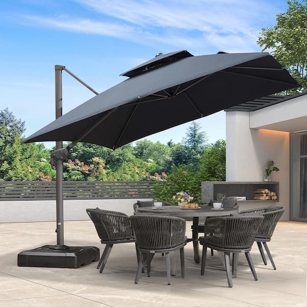 9 ft. x 12 ft. 2-Tier Windproof Aluminum Large Fade-Resistant Cantilever 360° Patio Umbrella with Base, Graphite Grey