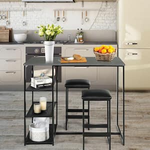 3-Piece Pub Set Industrial Style Faux Leather Marble Top Black Table and 2-Stools Dining Set