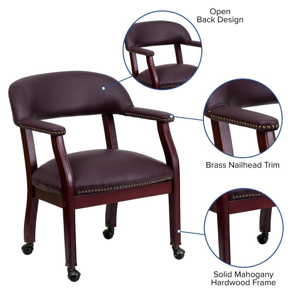Elegant Burgundy LeatherSoft Traditional Office Armchair with Brass Accents