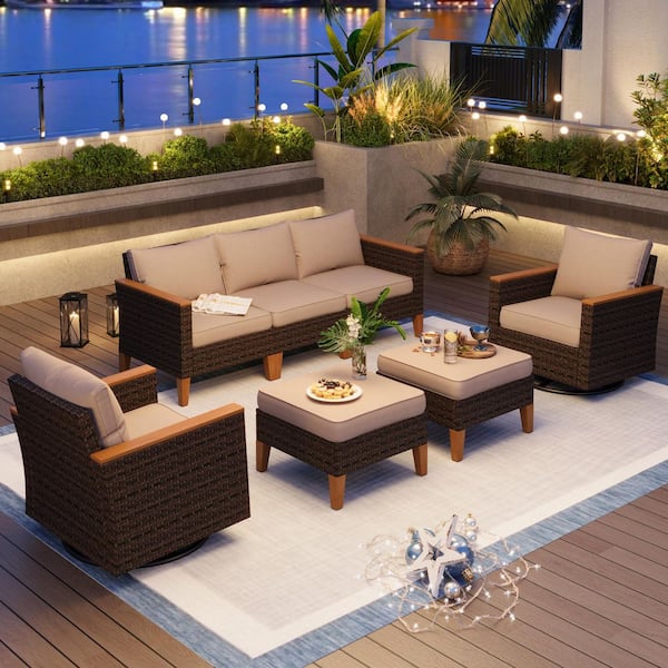 PHI VILLA Brown Wicker Rattan 7 Seat 7-Piece Steel Outdoor Patio Conversation Set with Beige Cushion 2 Swivel Sofas and 2 Ottomans
