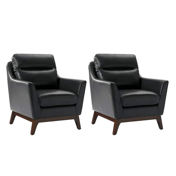 Aeetes Black Genuine Leather Armchair with Solid Wood Legs Set of 2