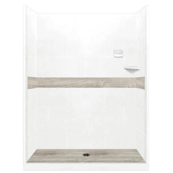 American Bath Factory Sterling Oak Pan and Walls 34 in. x 60 in. x 80 in. Center Drain Alcove Shower Kit in Natural Buff, Black Pipe Finish