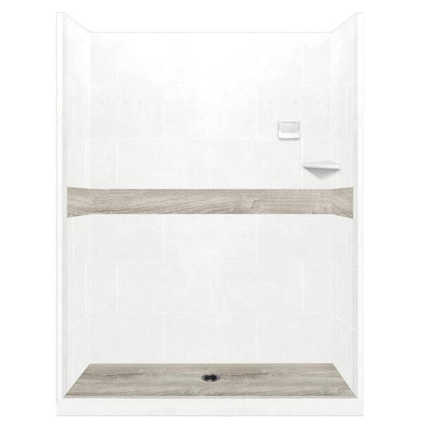 American Bath Factory Sterling Oak Pan and Walls 30 in. x 60 in. x 80 in. Center Drain Alcove Shower Kit in Natural Buff, Black Pipe Hardware