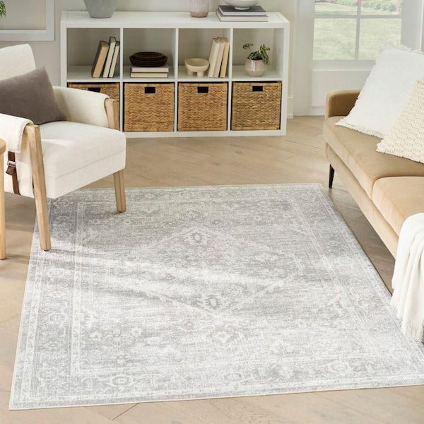 Astra Machine Washable Light Grey 7 ft. x 9 ft. Center medallion Traditional Area Rug