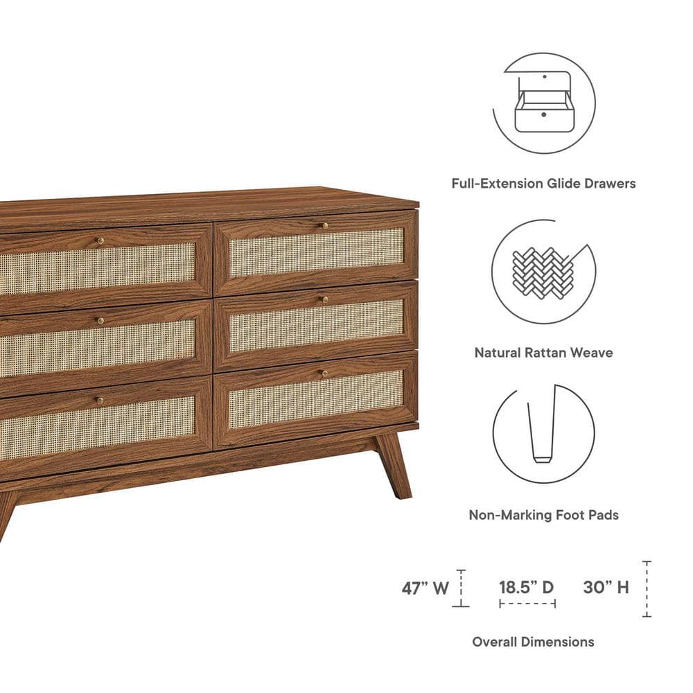 Walnut Double 6-Drawer Dresser with Rattan Weave