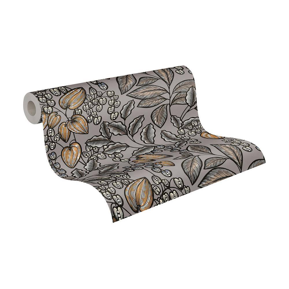Leif Grey and Orange Floral Non-Woven Wallpaper Roll