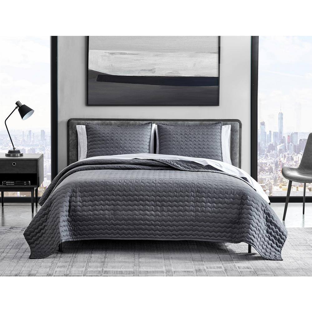 Soft Charcoal Reversible Cotton Queen Quilt Set