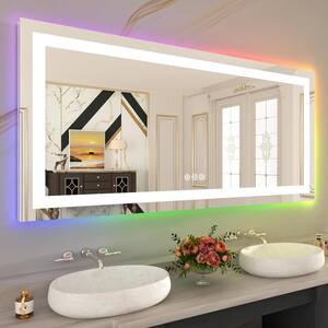 72 in. W x 32 in. H Rectangular Frameless LED Frontlet, RGB Backlit Anti-Fog Tempered Glass Wall Bathroom Vanity Mirror