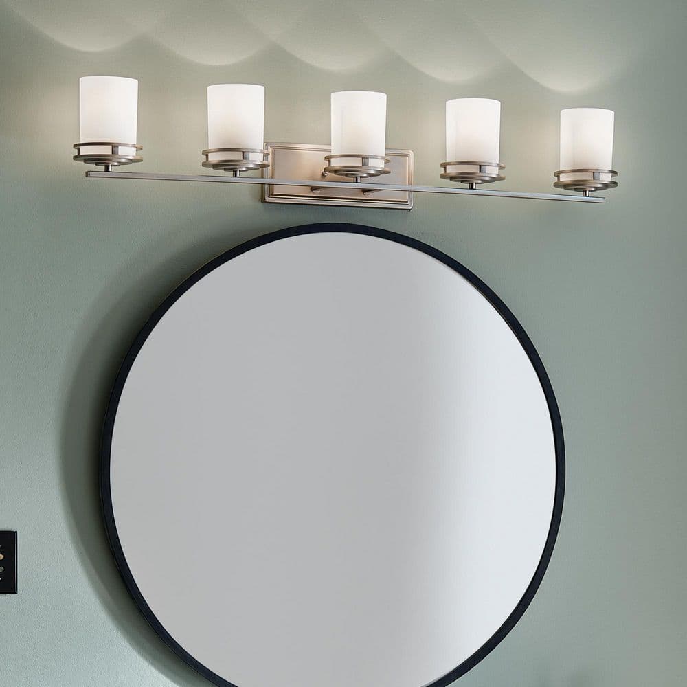 Hendrik 43 in. 5-Light Brushed Nickel Contemporary Bathroom Vanity Light with Etched Glass Shade price history on PriceWatchPro