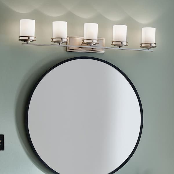 Hendrik 43 in. 5-Light Brushed Nickel Contemporary Bathroom Vanity Light with Etched Glass Shade