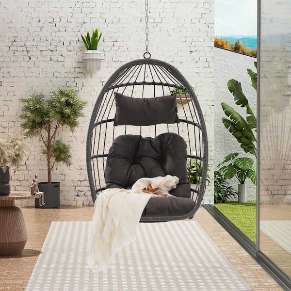 Unbranded Outdoor Garden Rattan Wood Egg Swing Chair Hanging Chair with Dark Gray Cushion