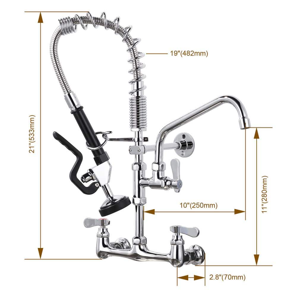 21 in. Polished Chrome Triple Handle Wall Mount Kitchen Faucet with Pull-out Spray