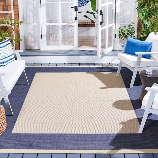 Courtyard Beige/Navy 8 ft. x 8 ft. Border Solid Color Indoor/Outdoor Square Area Rug