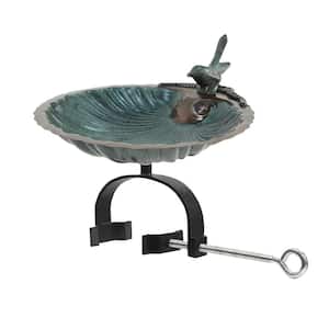 14.25 in L Scallop Shell Birdbath Round Antique Brass Plated Aluminum  with Wrought Iron Over Rail Bracket