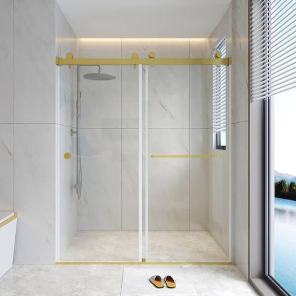 WYonder 59 in. W x 72 in. H Sliding Frameless Shower Door in Brushed Gold with 5/16 in. (8 mm) Clear Glass