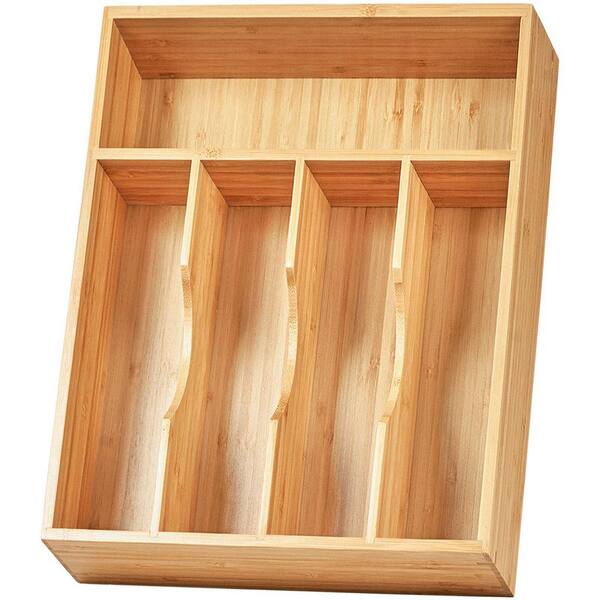 Bamboo Kitchen Drawer Organizer, 10 Inch Silverware Utensil Tray Holder, 5 Slots Bamboo Wood Caddy with Grooved Divider