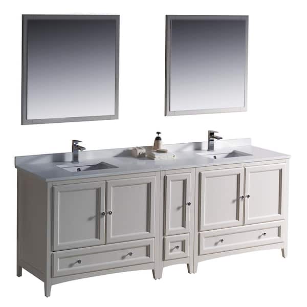 Oxford 84 in. Shaker-Style Double Sink Antique White Bath Vanity with White Quartz Top and Mirrors
