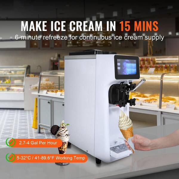 Commercial Ice Cream Machine, 10.6 QT. White, Ice Cream Maker in White Single Flavor Countertop Soft Serve 4L Hopper