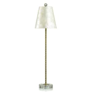 30.25 in. Aged Brass, Clear, Ivory Capiz Candlestick Task & Reading Table Lamp for Living Room with White Plastic Shade