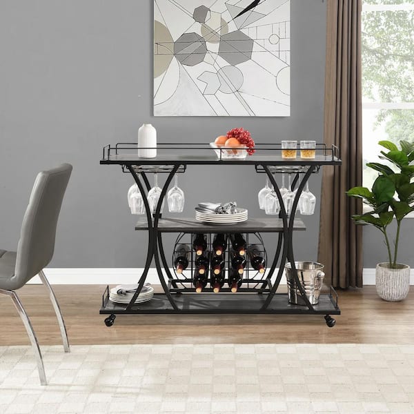 FUNKOL Black Kitchen Cart with 3-layer Storage Shelf