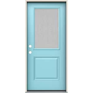 36 in. x 80 in. Right-Hand 1/2 Lite Streamed Ripple Glass Caribbean Blue Fiberglass Prehung Front Door