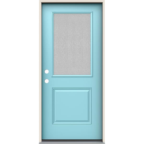 JELD-WEN 36 in. x 80 in. Right-Hand 1/2 Lite Streamed Ripple Glass Caribbean Blue Fiberglass Prehung Front Door